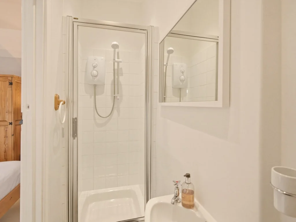 Private en-suite shower room with electric shower and mirrored wall cabinet