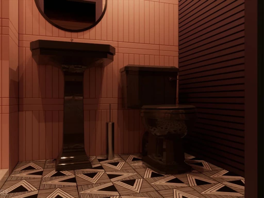 Feature WC with geometric floor tiles and traditional high-level cistern