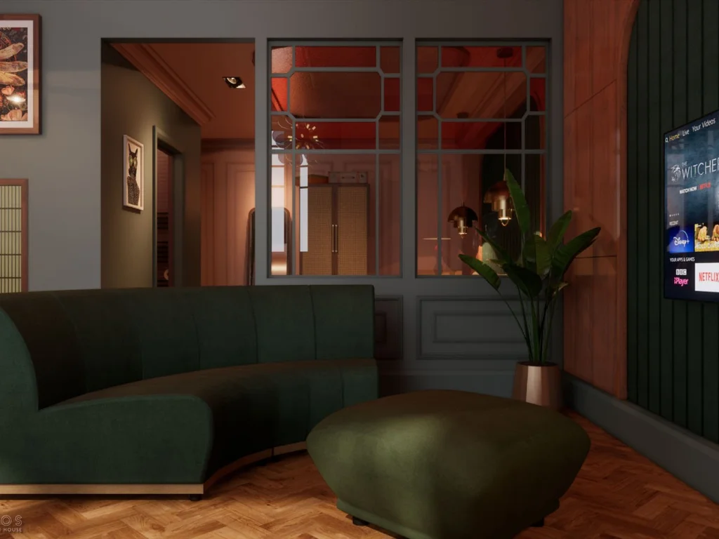 Curved green sofa facing Smart TV and decorative wall panelling