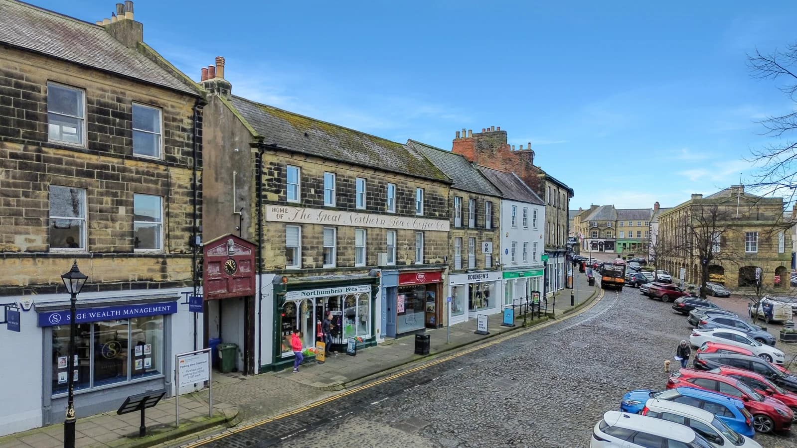 Views along Alnwick's historic marketplace from the heart of the town centre