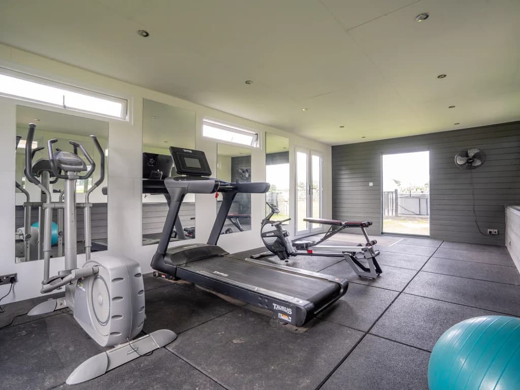 Shared gym with treadmill, bike, weights and mirrored walls