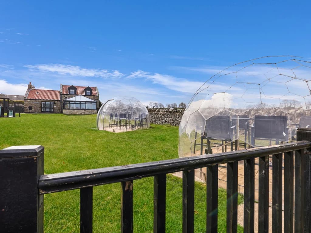 Shared garden domes set within the communal grass paddock.