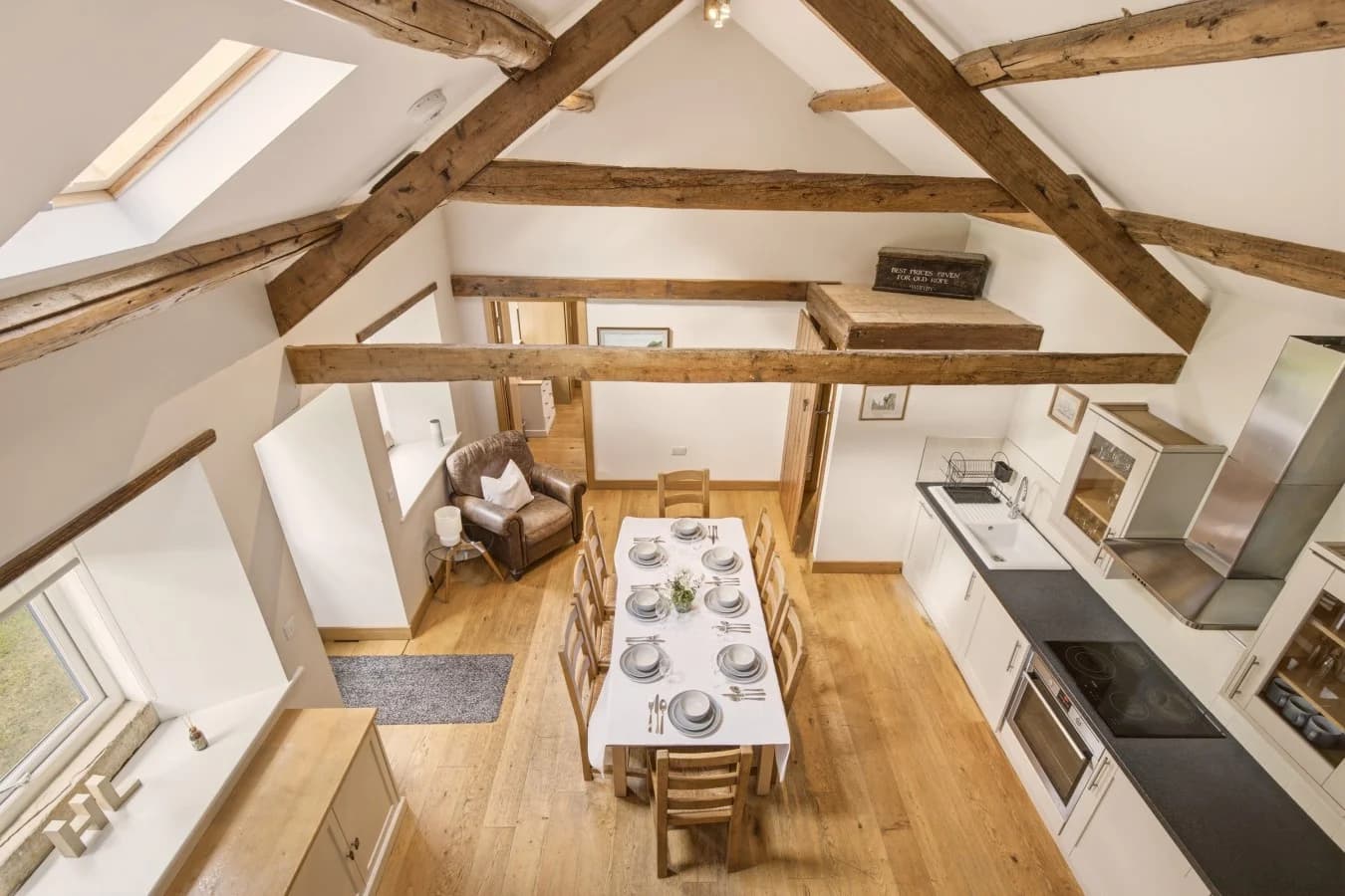 Elevated view across the open-plan kitchen and dining area