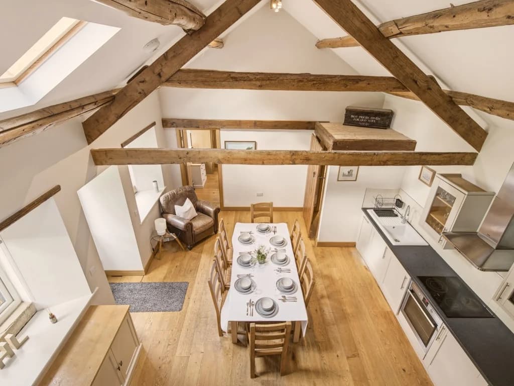 Elevated view across the open-plan kitchen and dining area