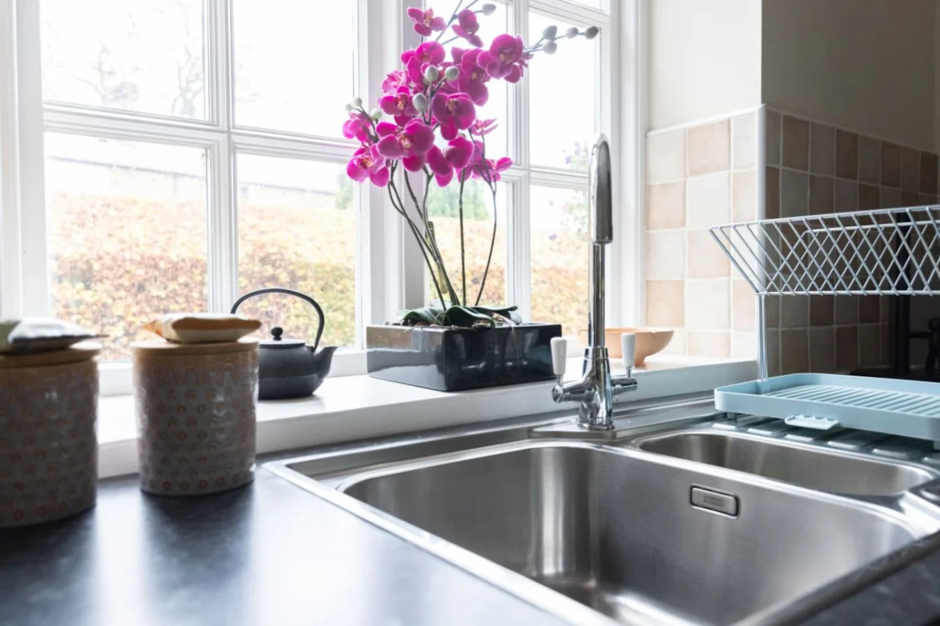 Kitchen sink framed by cottage windows and garden views