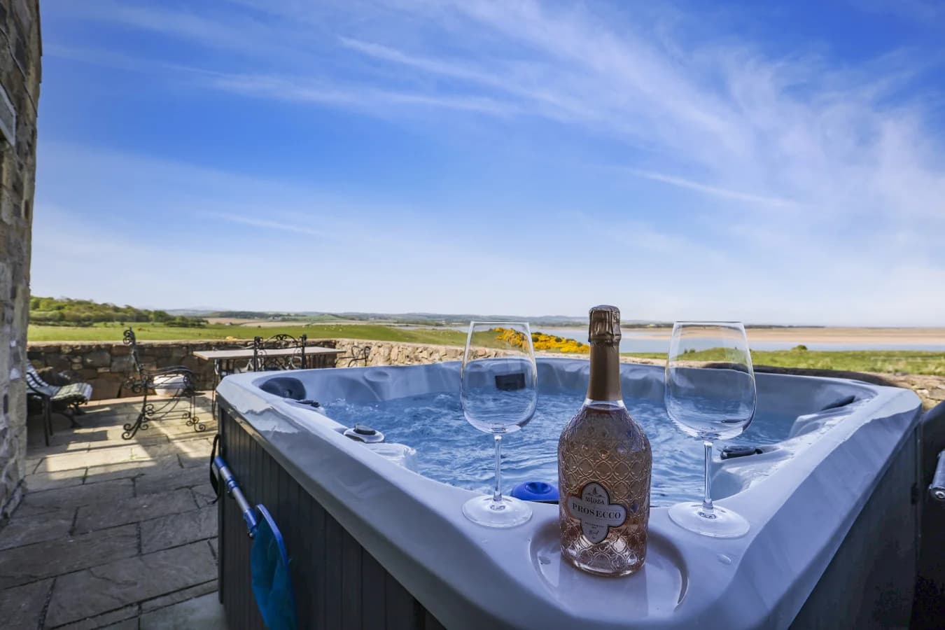 Private hot tub with views across Budle Bay