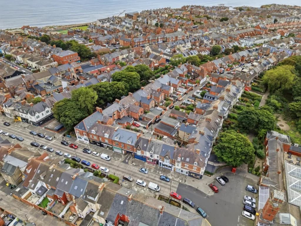 Aerial view over Station Road and surrounding Whitley Bay neighbourhood