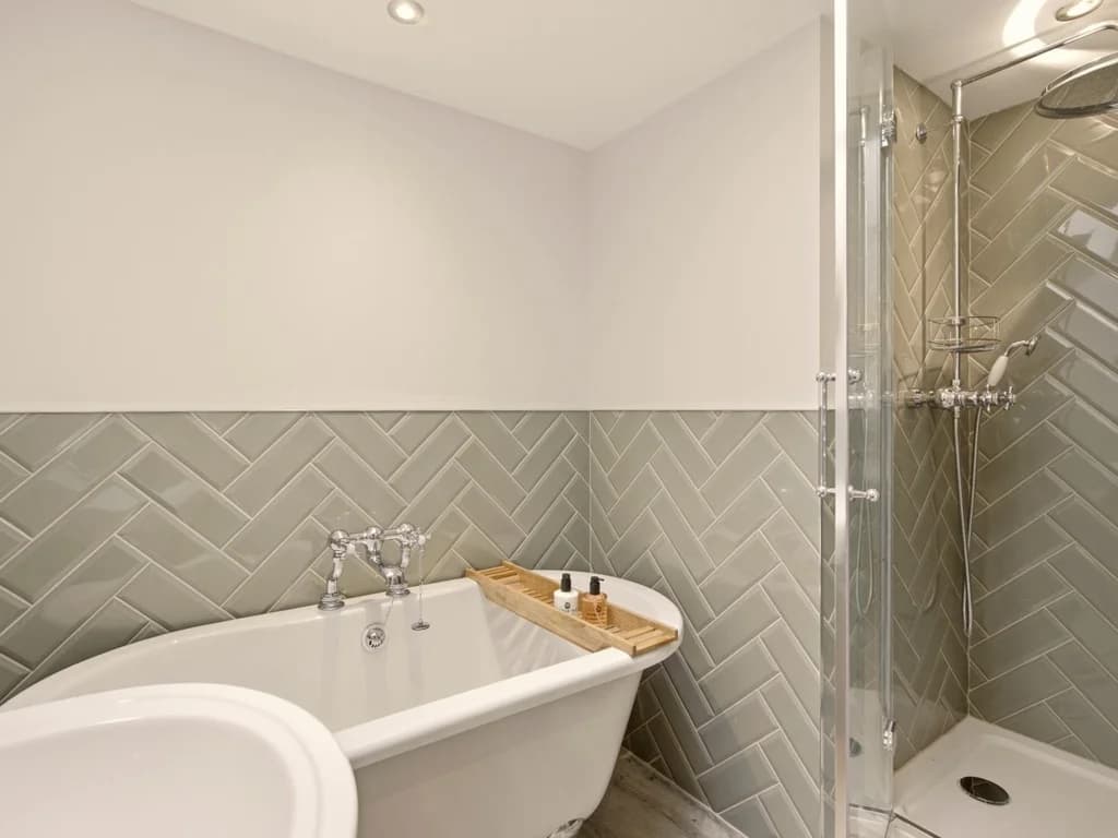 Contemporary family bathroom with freestanding bath and walk-in shower