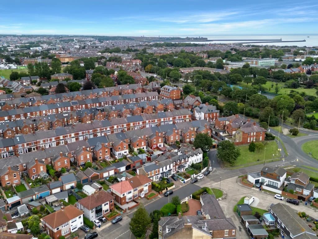 Aerial view across South Shields with the coastline visible in the distance