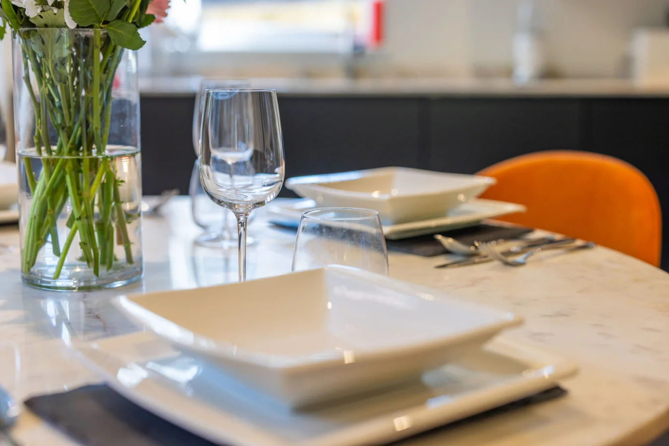 Place setting on the quartz dining table