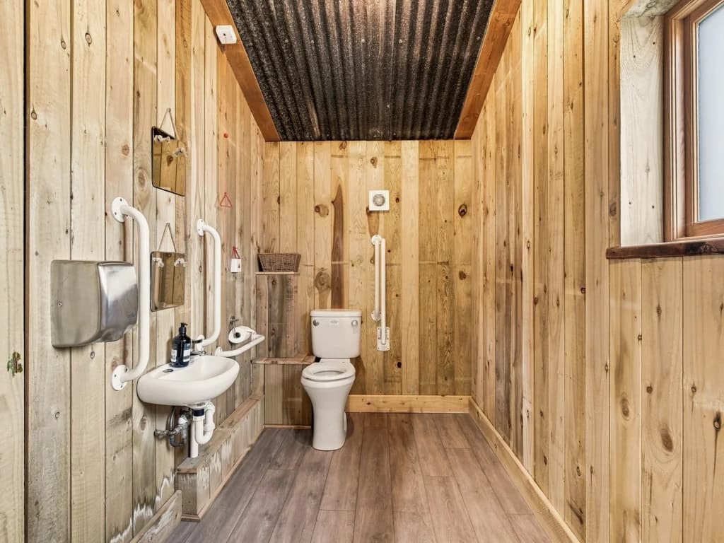 Accessible bathroom with grab rails, lowered basin and spacious layout