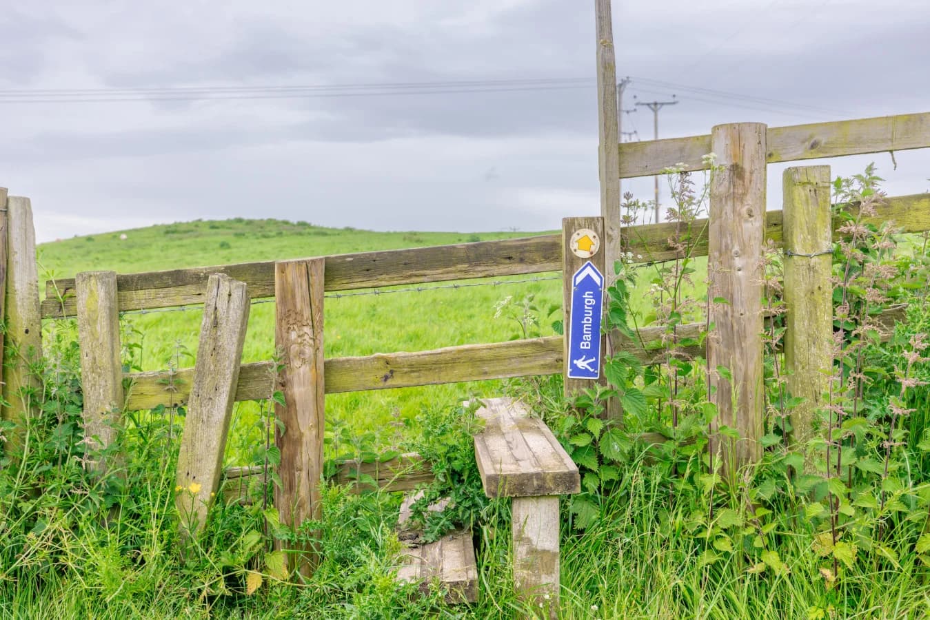 Countryside footpath gate with rolling green hillside beyond