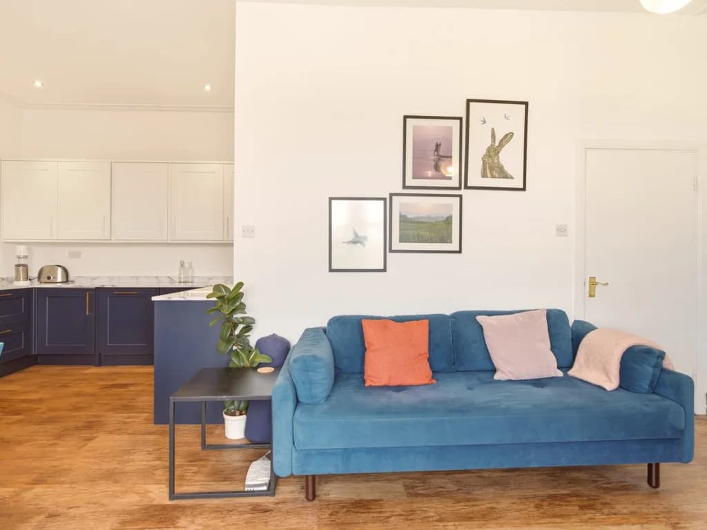 Blue sofa adds colour to the open-plan living and kitchen space.