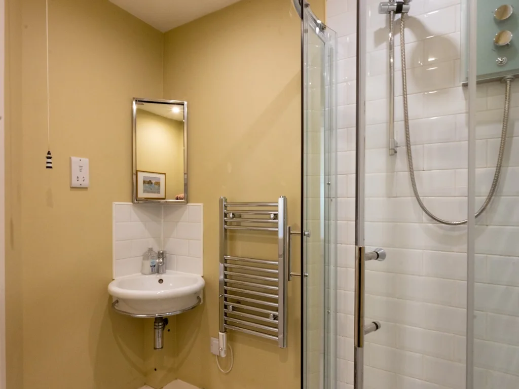 Private en-suite shower room with wash basin and heated towel rail.