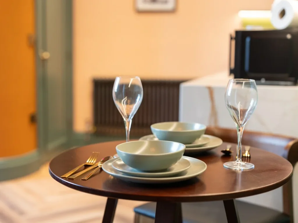 Dining table set for two beside the compact kitchenette