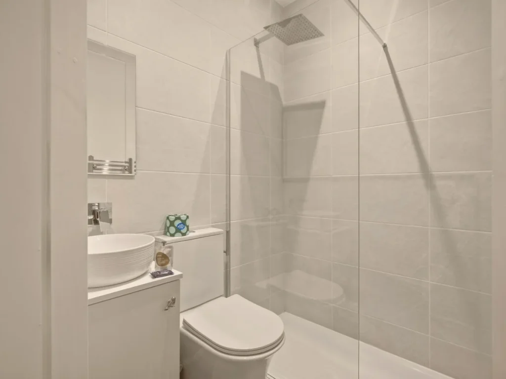 Modern ensuite with rainfall shower, glass screen and countertop basin.