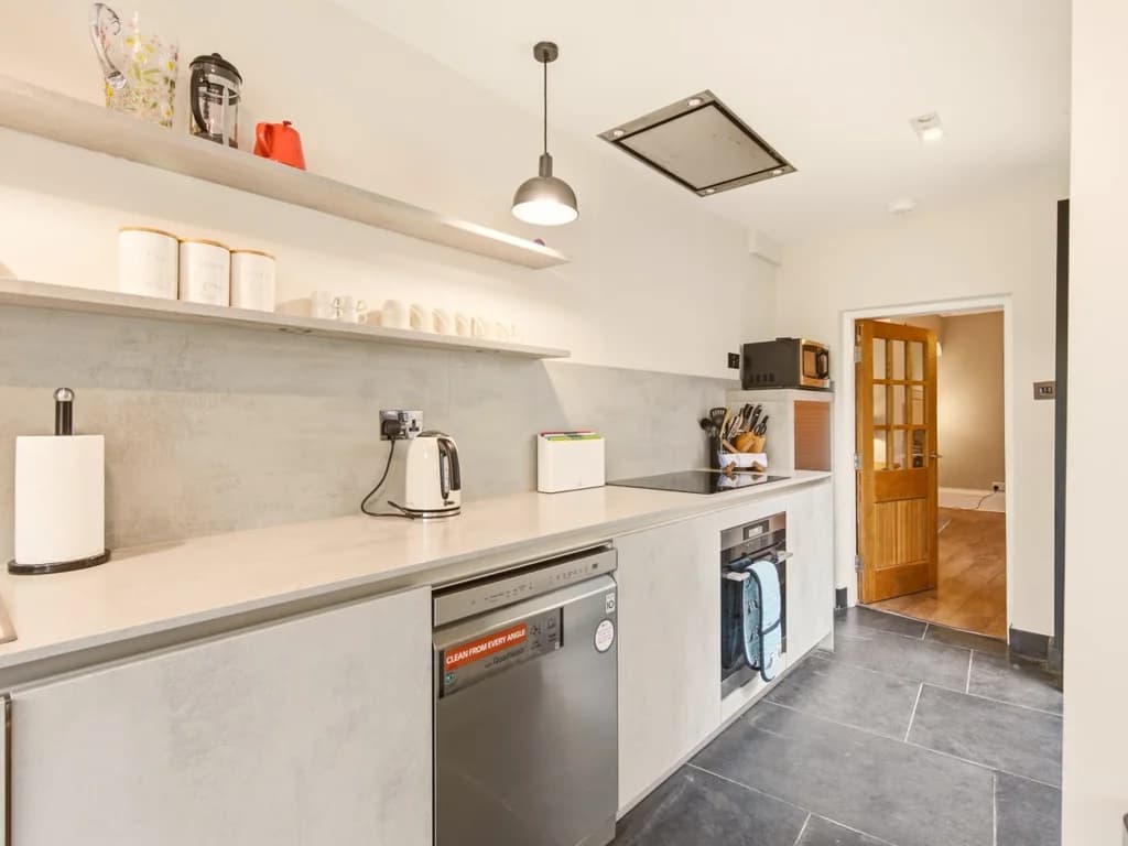 Sleek contemporary kitchen with integrated appliances and generous workspace.