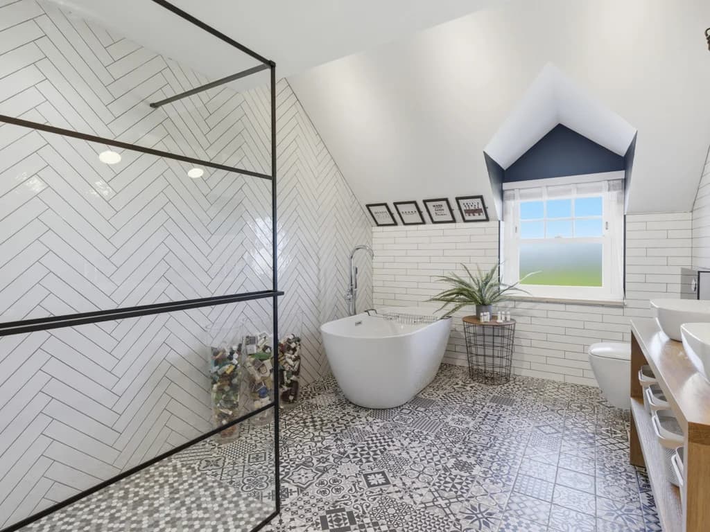 Industrial-style bathroom with crittall walk-in shower and twin basins.