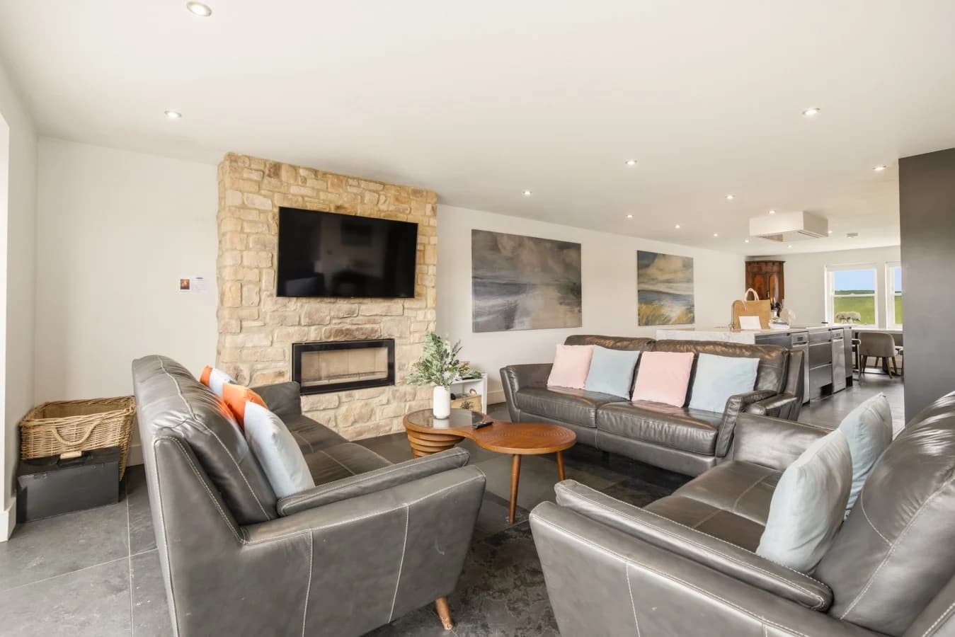 Lounge with log burner, Smart TV and leather sofas