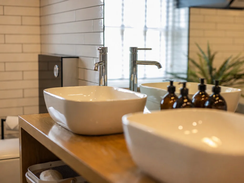 Twin vessel basins on an oak vanity — luxury bathroom detail.
