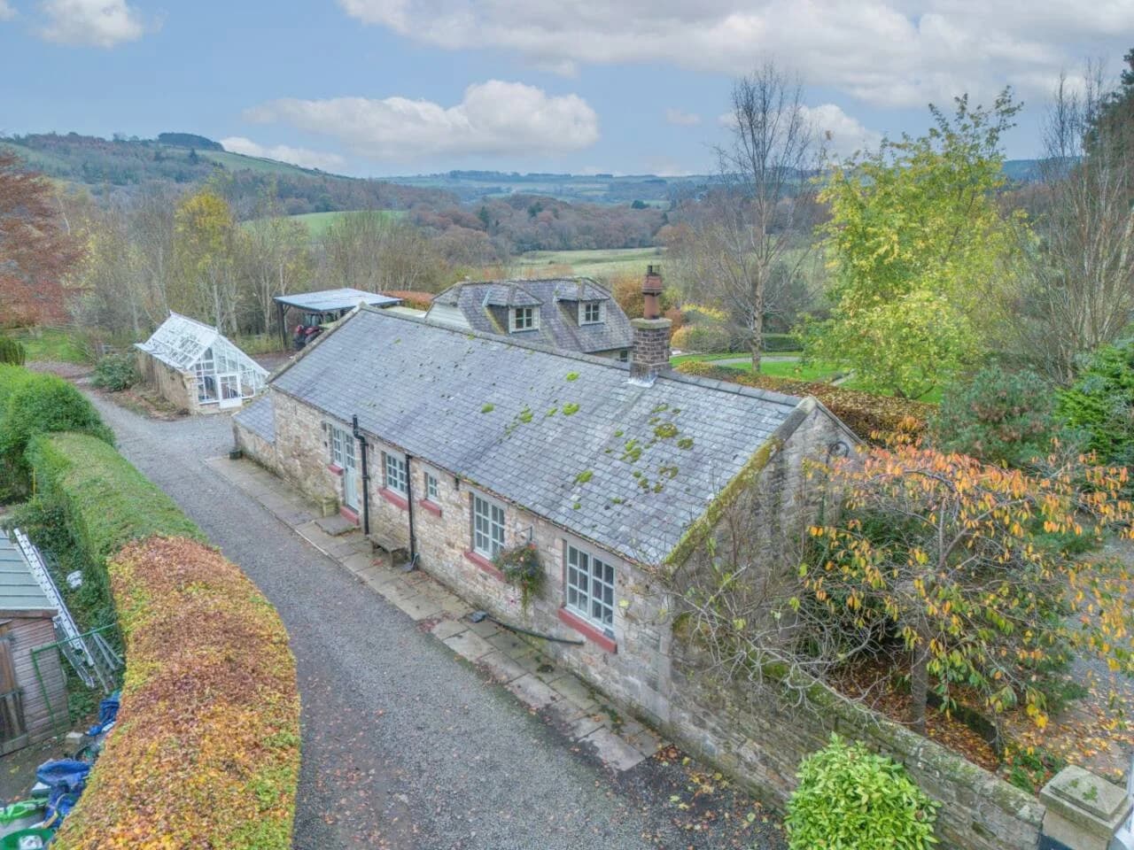 Elevated view across the lodge and surrounding woodland landscape