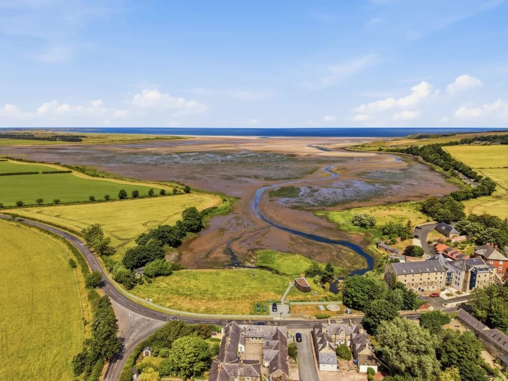 Stunning aerial view across Budle Bay and the Northumberland coastline