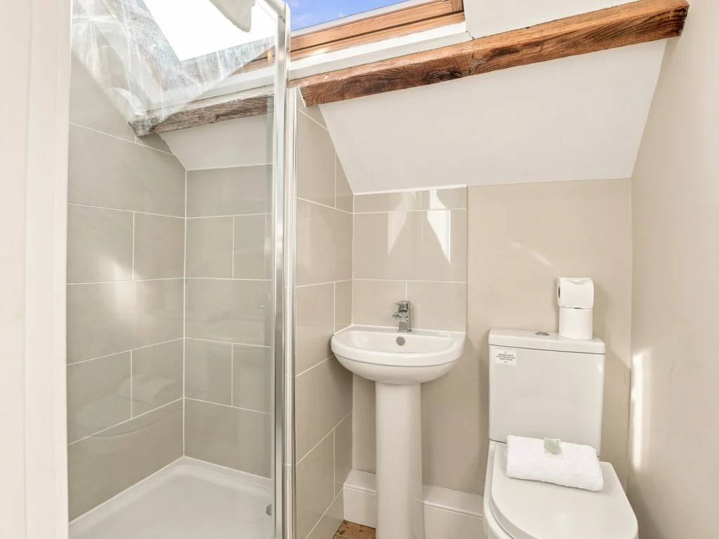En-suite shower room with skylight, wash basin and WC