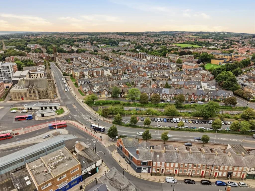 Elevated city view showing Sunderland’s streets and surrounding neighbourhoods.