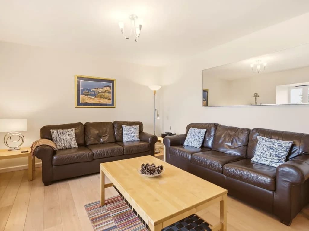 Spacious living room with leather sofas, large mirror and coffee table