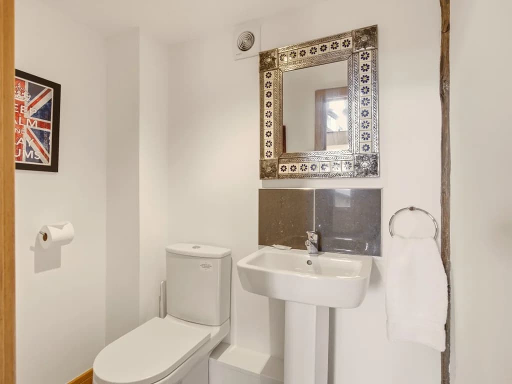 Private en-suite with WC, pedestal wash basin and decorative mirror