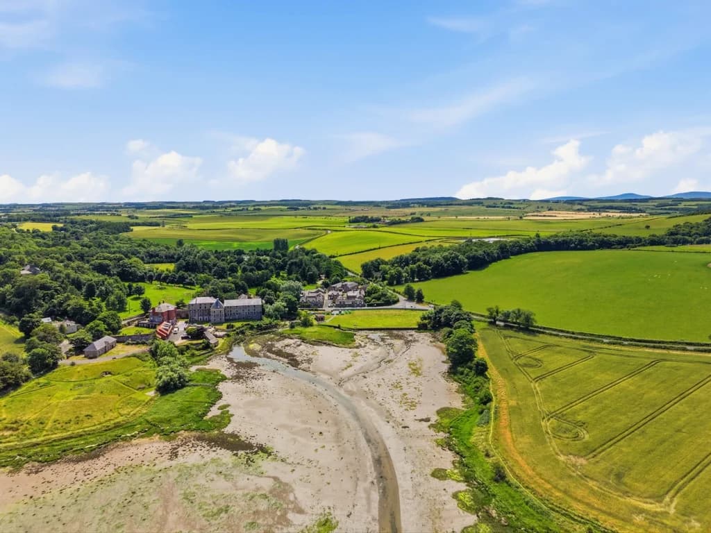 Spectacular aerial view across Budle Bay and the surrounding Northumberland countryside