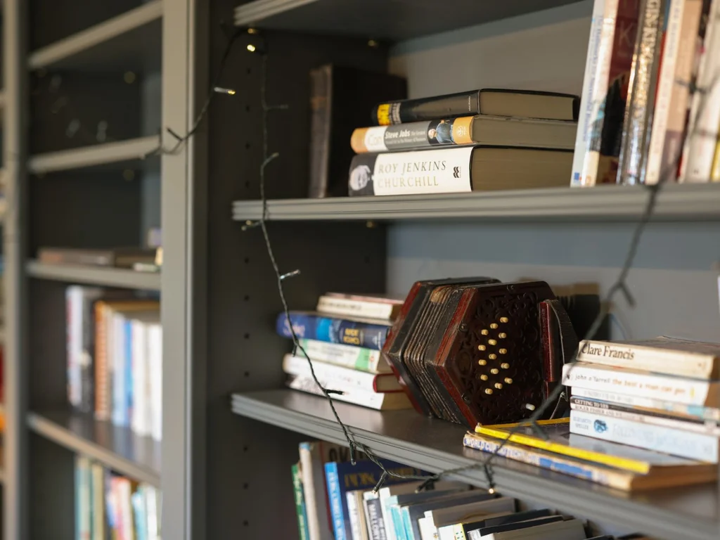 Bookshelf detail with books and decorative concertina