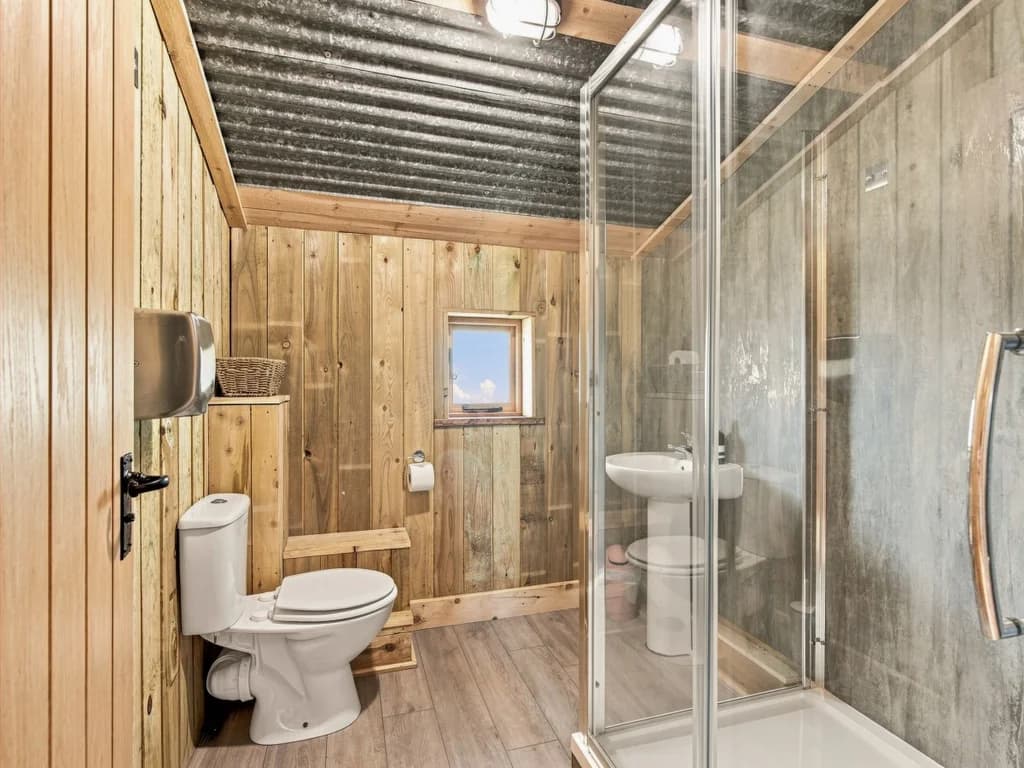 Rustic bathroom with enclosed shower, WC and timber wall finishes