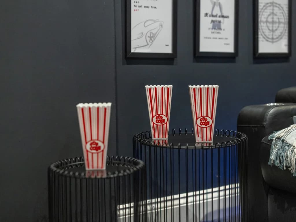 Home cinema popcorn buckets ready for movie night with friends and family.