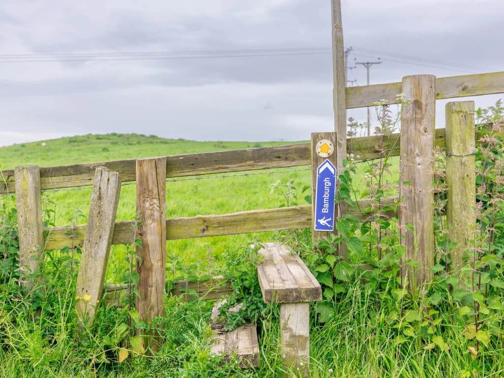 Countryside footpath gate overlooking rolling Northumberland fields
