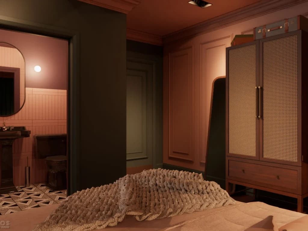 Walnut wardrobe with cane doors beside the bedroom and feature WC