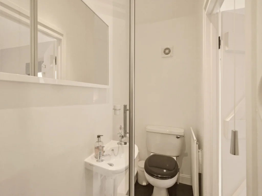 Bright en-suite shower room with electric shower, WC and compact wash basin