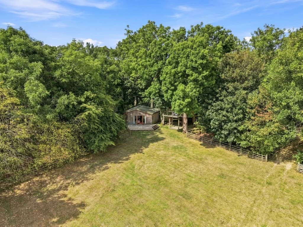 Aerial view of The Treehouse tucked among mature woodland