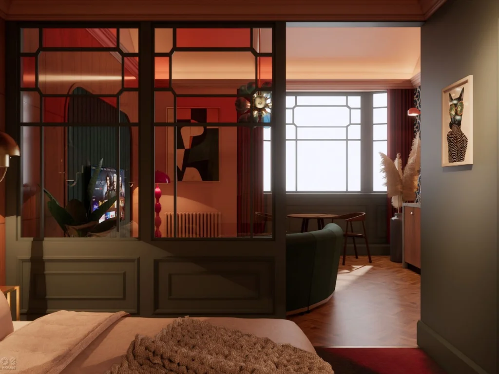 Bedroom with decorative room divider and bay window beyond