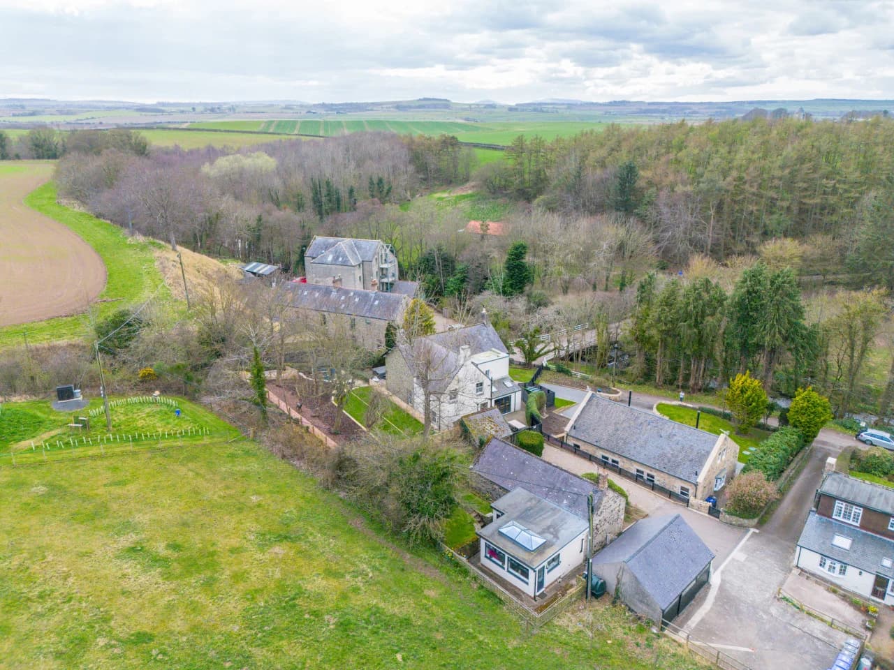 Aerial view of the Spindlestone cottage complex and surrounding fields