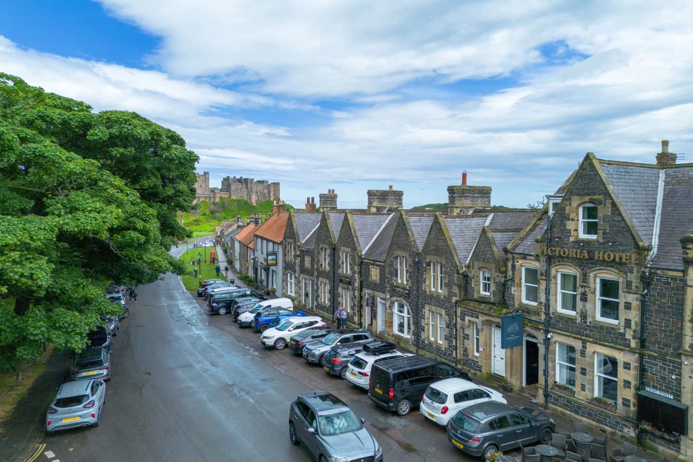 Elevated view along Front Street and stone cottages