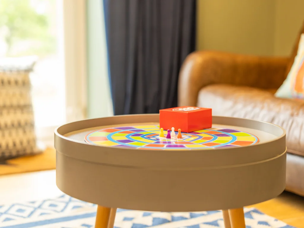 Board games on the snug side table — rainy-day fun for all ages.