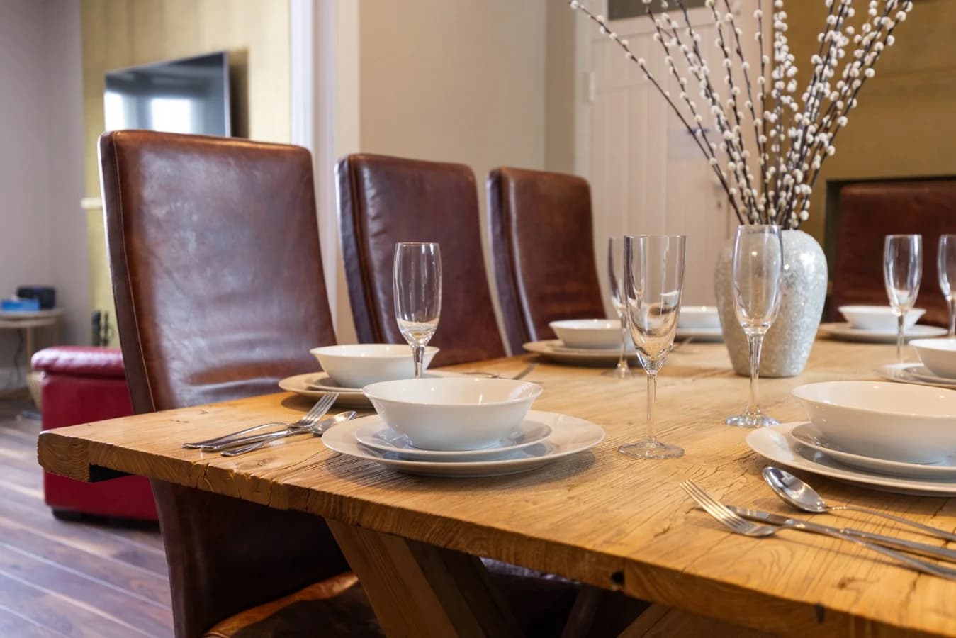 Dining table set for eight with leather dining chairs