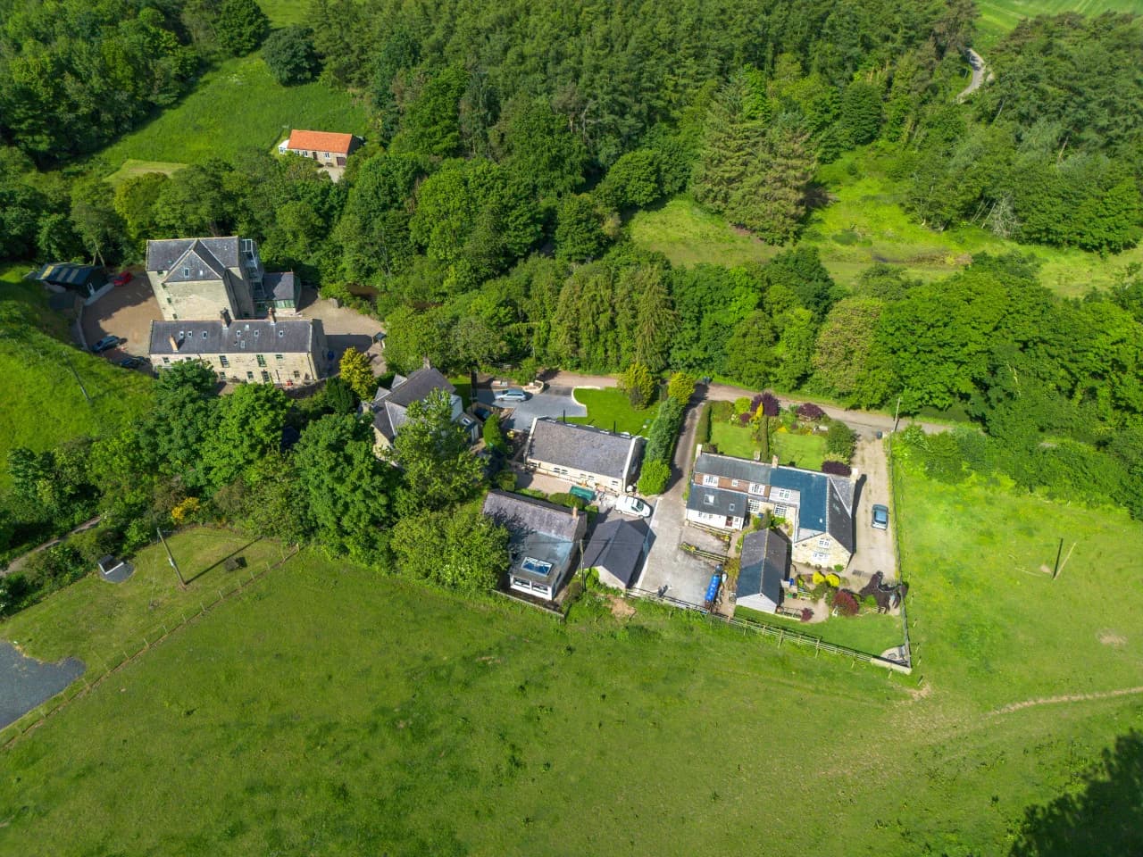 Aerial view of Birdsong Cottage and neighbouring woodland