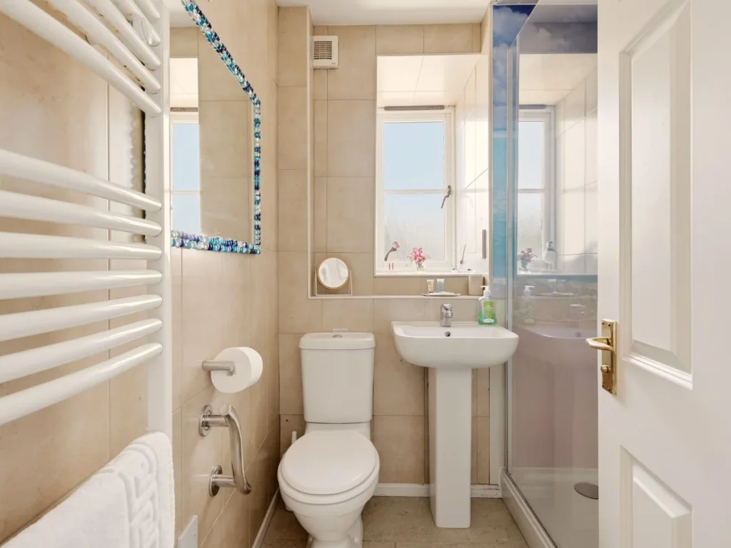 Ensuite with walk-in rainfall shower, heated towel rail, basin and WC