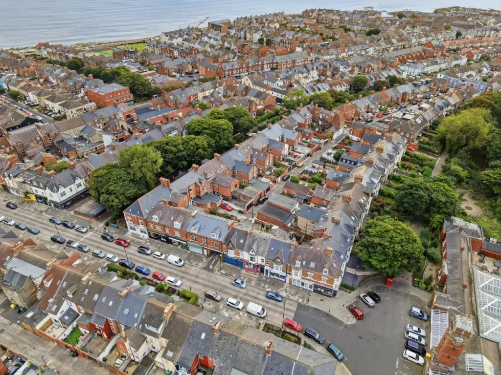 Aerial view over Station Road and surrounding Whitley Bay neighbourhood