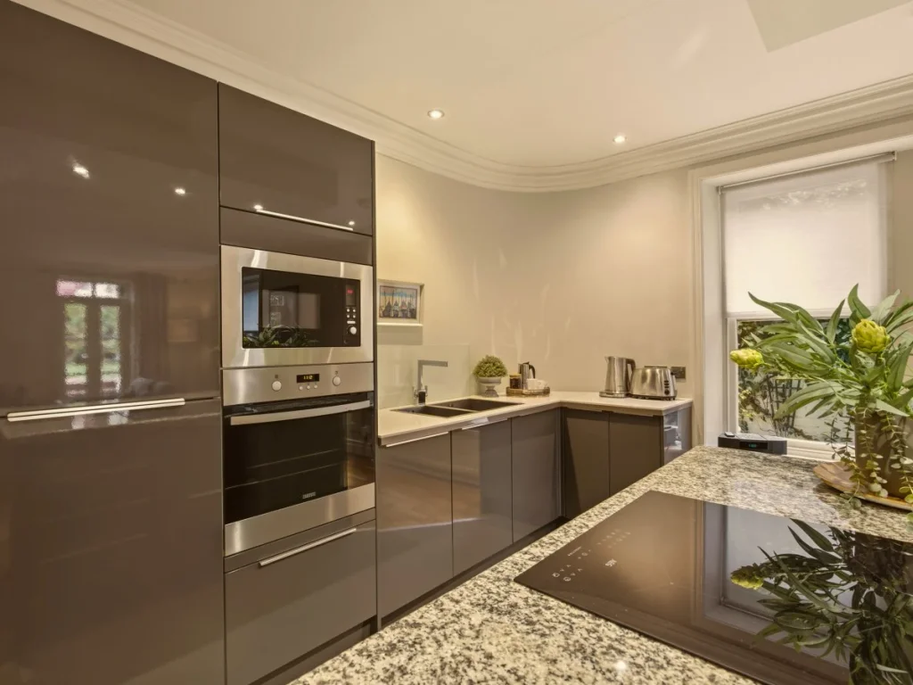 Modern kitchen with dark cabinetry and integrated appliances