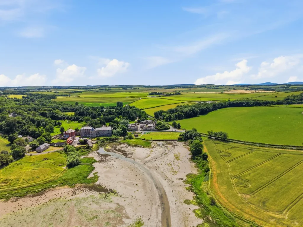 Spectacular aerial view across Budle Bay and the surrounding Northumberland countryside