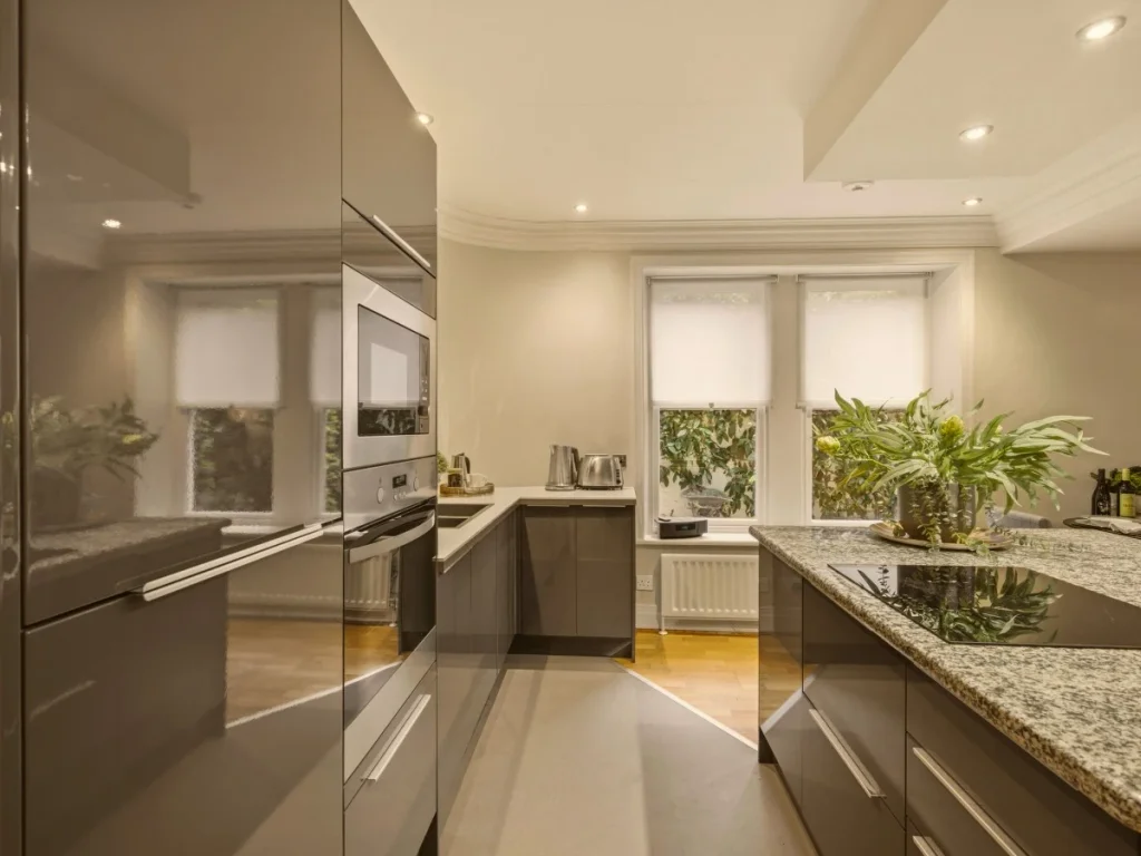 Contemporary kitchen with integrated appliances and ample storage