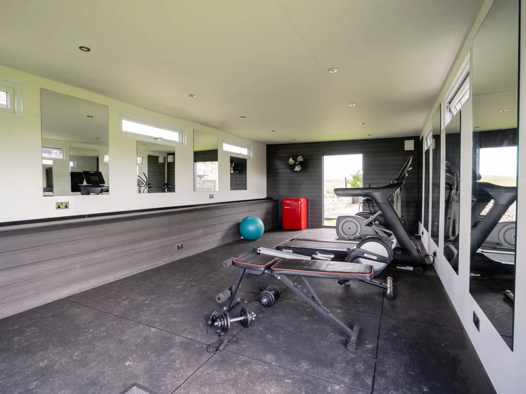 Shared gym with cardio equipment, weights and mirrored walls